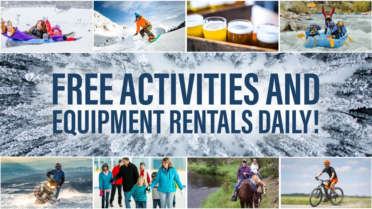 A dynamic exterior scene depicting a range of adventurous activities like skiing, snowboarding, rafting, hiking, and family outings, set against mountain and water backdrops.