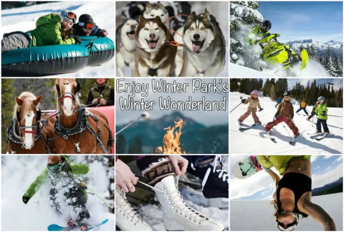 A vibrant collage capturing families and groups enjoying quintessential winter activities: tubing, snowmobiling, skiing, dog sledding, horse-drawn sleigh rides, and cozying up by a campfire. Snowy backdrops and joyful faces depict a sense of adventure and fun for all ages.
