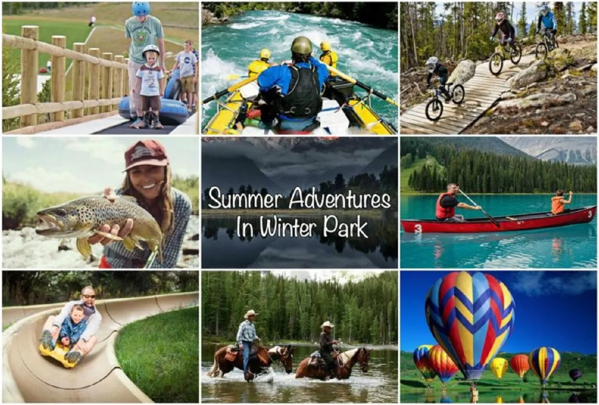 A lively scene featuring a family participating in a range of summer activities such as white water rafting, mountain biking, fishing, horseback riding, kayaking, sliding, and even hot air ballooning, all set against a backdrop of mountains and lush landscapes.